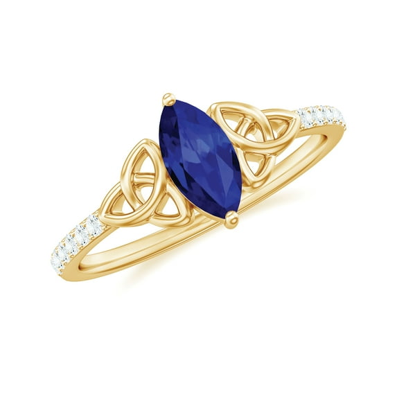 Rosec Jewels Lab Grown Blue Sapphire Solitaire Celtic Ring with Diamond - 4X8 mm - AAAA Grade, 18K Yellow Gold, US 8.00