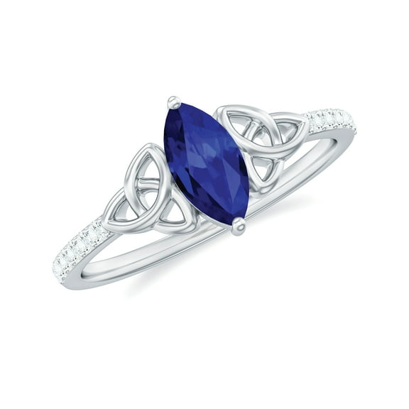 Rosec Jewels Lab Grown Blue Sapphire Solitaire Celtic Ring with Diamond - 4X8 mm - AAAA Grade, 925 Sterling Silver, US 8.00