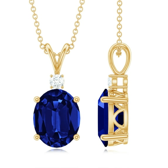 Rosec Jewels Lab Grown Blue Sapphire Solitaire Pendant with Moissanite (8X10 mm Oval Shape), 10K Yellow Gold