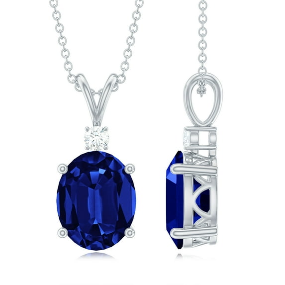 Rosec Jewels Lab Grown Blue Sapphire Solitaire Pendant with Moissanite (8X10 mm Oval Shape), 18K White Gold