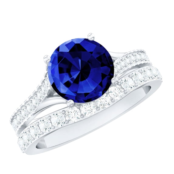 Rosec Jewels Lab Grown Blue Sapphire Wedding Ring Set - 2 Carat Engagement Ring with Wedding Band - AAAA Quality, 10K White Gold, US 10.00