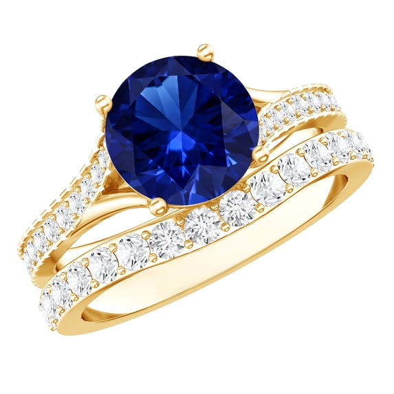 Rosec Jewels Lab Grown Blue Sapphire Wedding Ring Set - 2.7 Carat Engagement Ring with Wedding Band - AAAA Quality, 18K Yellow Gold, US 12.50