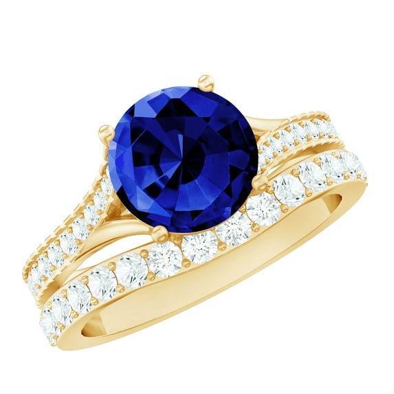 Rosec Jewels Lab Grown Blue Sapphire Wedding Ring Set - 2 Carat Engagement Ring with Wedding Band - AAAA Quality, 18K Yellow Gold, US 3.50