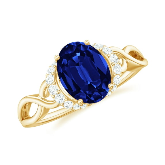 Rosec Jewels Lab Grown Blue Sapphire Solitaire Ring with Diamond, Crossover Ring - 6X8 mm, 18K Yellow Gold, US 11.00