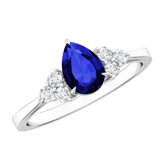 Rosec Jewels Lab Grown Blue Sapphire Solitaire Ring with Diamond for Women - 5X7 MM, 10K White Gold, US 6.00