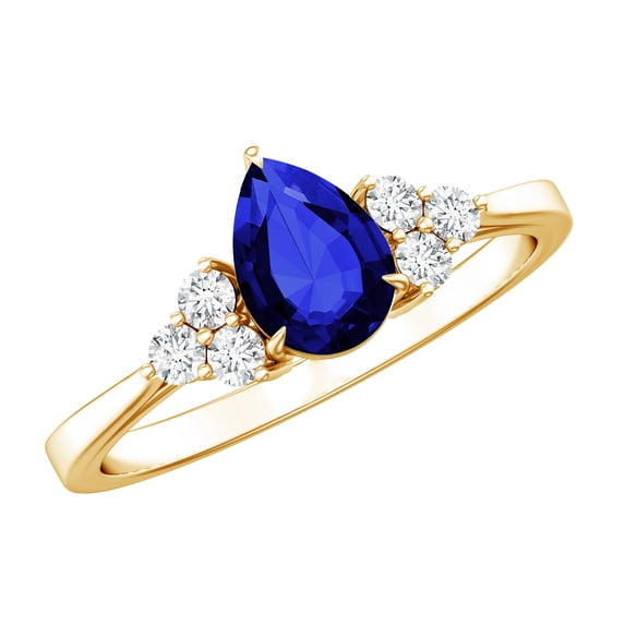 Rosec Jewels Lab Grown Blue Sapphire Solitaire Ring with Diamond for Women - 5X7 MM, 14K Yellow Gold, US 8.50
