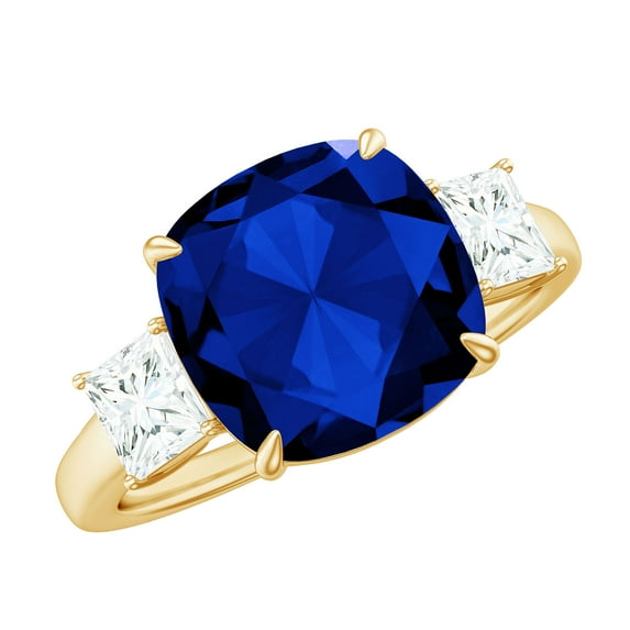 Rosec Jewels Lab Grown Blue Sapphire Cushion Cut Engagement Ring for Women - 10mm - AAAA Grade - Certified Sapphire Moissanite Ring, 10K Yellow Gold, US 4.00