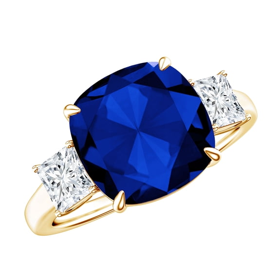 Rosec Jewels Lab Grown Blue Sapphire Cushion Cut Engagement Ring for Women - 10mm - AAAA Grade - Certified Sapphire Moissanite Ring, 10K Yellow Gold, US 6.50