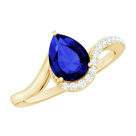 Rosec Jewels Lab Grown Blue Sapphire Pear Shaped Engagement Ring with Diamond - Bypass Ring (6X8 mm, AAAA Quality Certified), 10K Yellow Gold, US 4.00