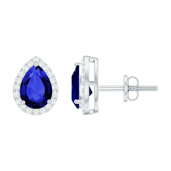 Rosec Jewels Lab Grown Blue Sapphire Teardrop Stud Earrings for Women with Diamond, 10K White Gold