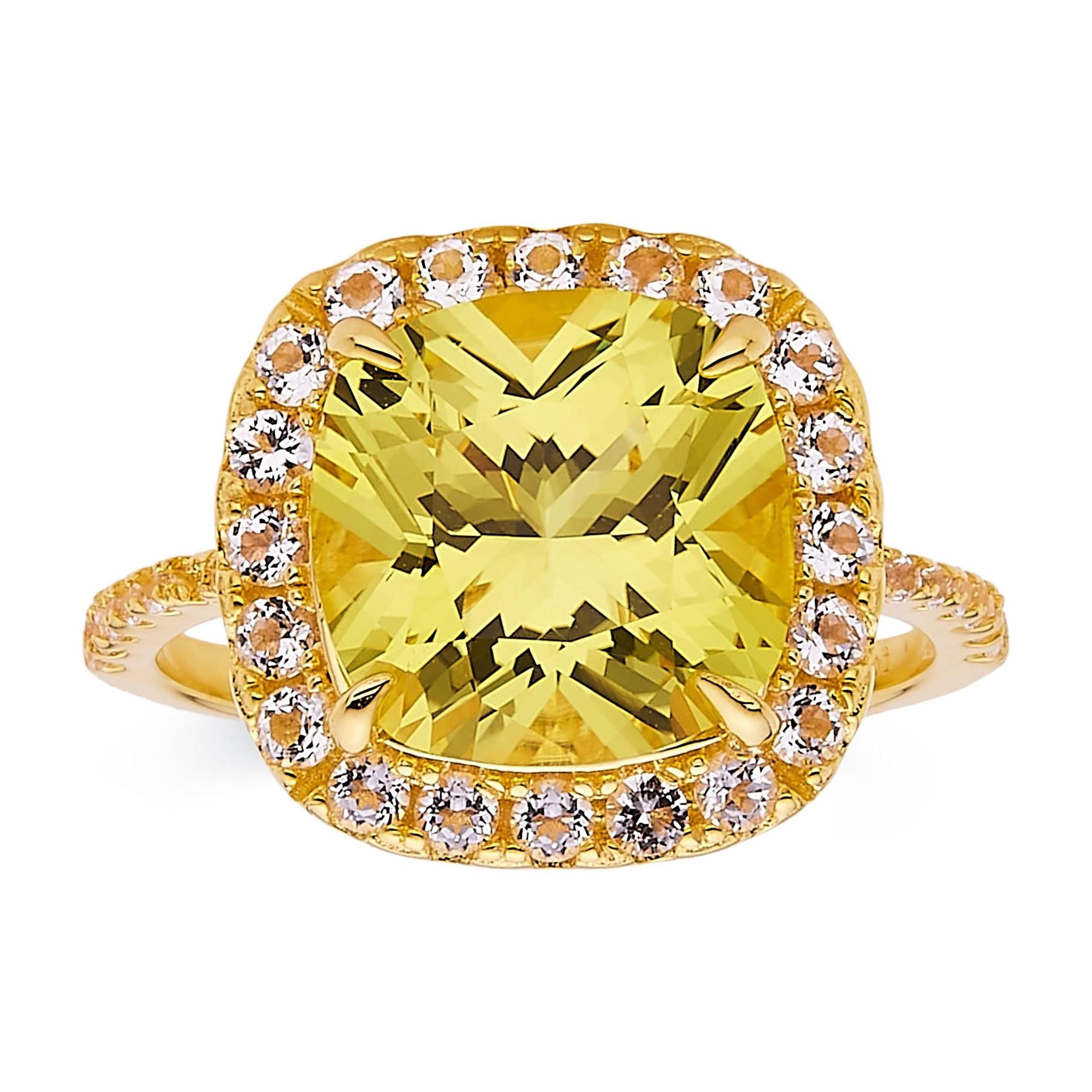 Fine Color Jewels Lab Grown Canary Yellow Sapphire Halo Ring 925 Sterling Silver 18K Yellow Gold Plated 4 Ct Cushion Cut  Women's