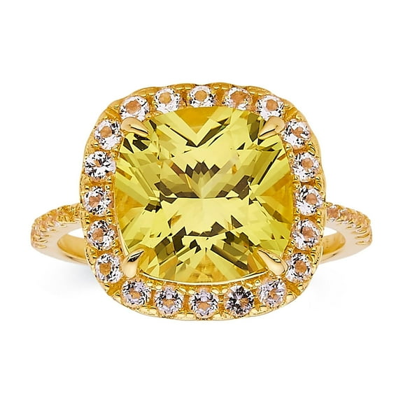 Lab Grown Canary Yellow Sapphire Cushion Halo Ring For Women in 18K Yellow Gold Plated Sterling Silver