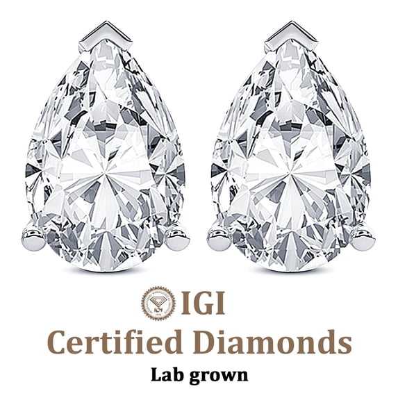 12 Carat Lab Grown Diamond Pear Shape Earring | F-G VS Quality | IGI Certified Solitaire Stud Earring | 14K Yellow Gold | Friendly Diamonds Earrings