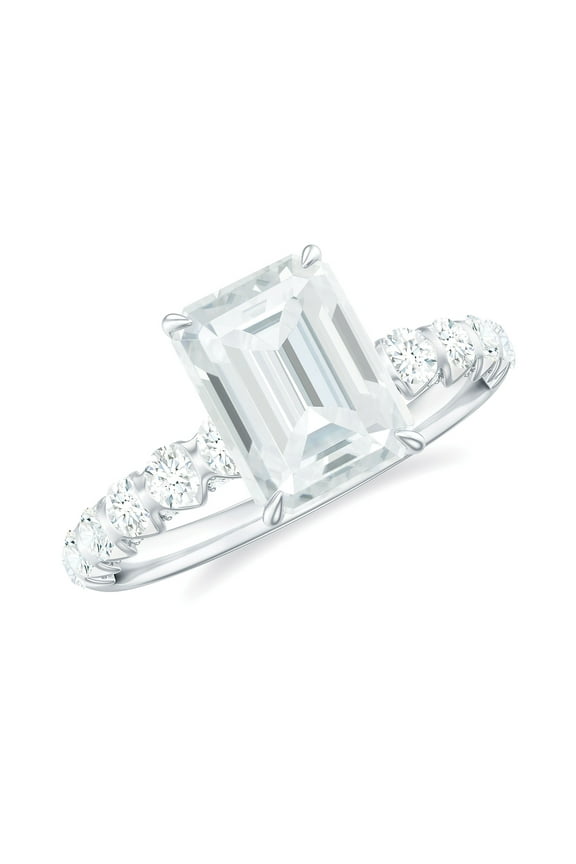 Lab Grown Diamond Art Deco Engagement Ring - 6X8 mm Emerald Cut - EF-VS Grade, 925 Sterling Silver, US 7.00