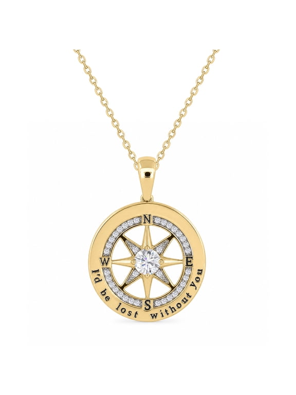 Lab Grown Diamond Compass Necklace for Women, 14K Yellow Gold Vermeil Plated 925 Sterling Silver, "I'd Be Lost Without You" Pendant - 18"