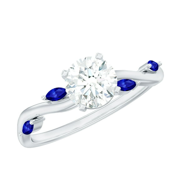 Rosec Jewels Lab Grown Diamond Designer Engagement Ring with Sapphire, 10K White Gold, US 8.00
