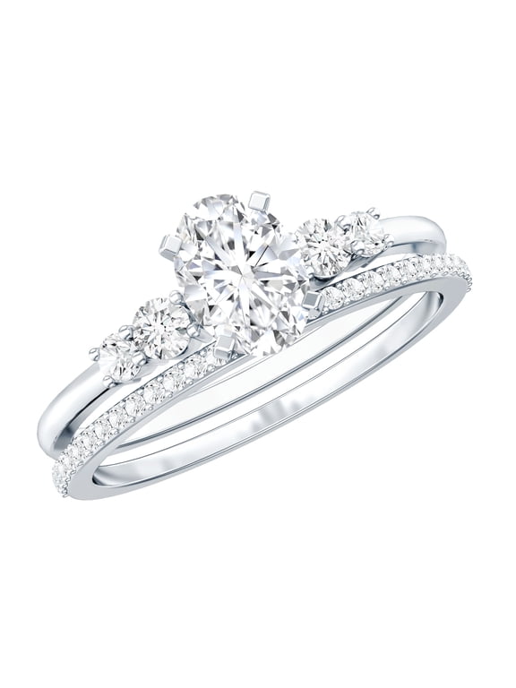 Lab Diamond Wedding Ring Set for Women - 0.75 Carat Oval Engagement Ring with Band (EF-VS Grade), 925 Sterling Silver, US 7.00