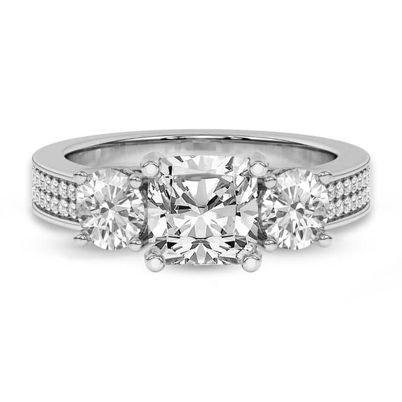Lab Grown Diamond Engagement Ring For Women | 1 Carat IGI Certified Cushion Shape FG-VS Center Diamond | 14K White Gold | Desdemona Round Three Stone Ring Friendly Diamonds