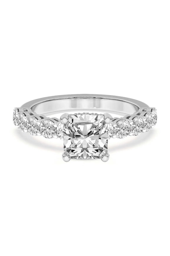 Lab Grown Diamond Engagement Ring For Women | 1 Carat IGI Certified Cushion Shape FG-VS Center Diamond | 14K White Gold | Elinor Side Round Shape Ring Friendly Diamonds