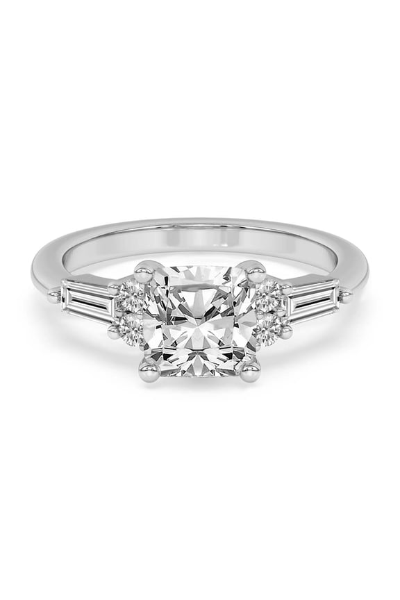 Lab Grown Diamond Engagement Ring For Women | 1 Carat IGI Certified Cushion Shape FG-VS Center Diamond | 14K White Gold | Helia Tapered Baguette Ring Friendly Diamonds