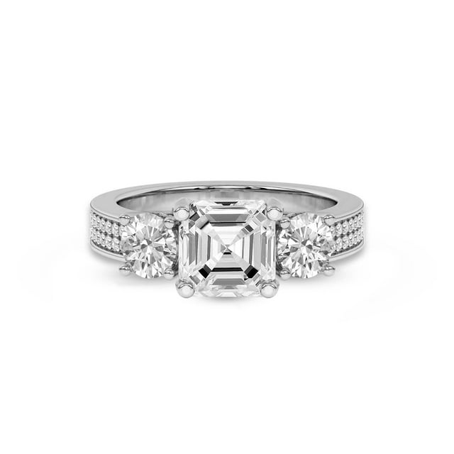 Lab Grown Diamond Engagement Ring For Women | 2 Carat IGI Certified Asscher Shape FG-VS Center Diamond | 14K Yellow Gold | Desdemona Round Three Stone Ring Friendly Diamonds