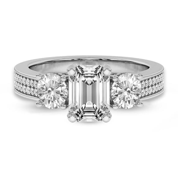 Lab Grown Diamond Engagement Ring For Women | 2 Carat IGI Certified Emerald Shape FG-VS Center Diamond | 14K Rose Gold | Desdemona Round Three Stone Ring Friendly Diamonds