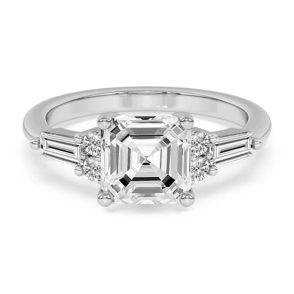 Lab Grown Diamond Engagement Ring For Women | 3 Carat IGI Certified Asscher Shape FG-VS Center Diamond | 14K White Gold | Helia Tapered Baguette Ring Friendly Diamonds