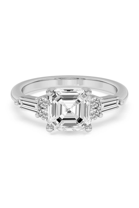 Lab Grown Diamond Engagement Ring For Women | 3 Carat IGI Certified Asscher Shape FG-VS Center Diamond | 14K White Gold | Helia Tapered Baguette Ring Friendly Diamonds