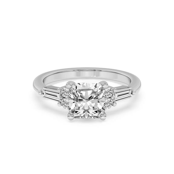 Lab Grown Diamond Engagement Ring For Women | 3 Carat IGI Certified Cushion Shape FG-VS Center Diamond | 14K White Gold | Helia Tapered Baguette Ring Friendly Diamonds