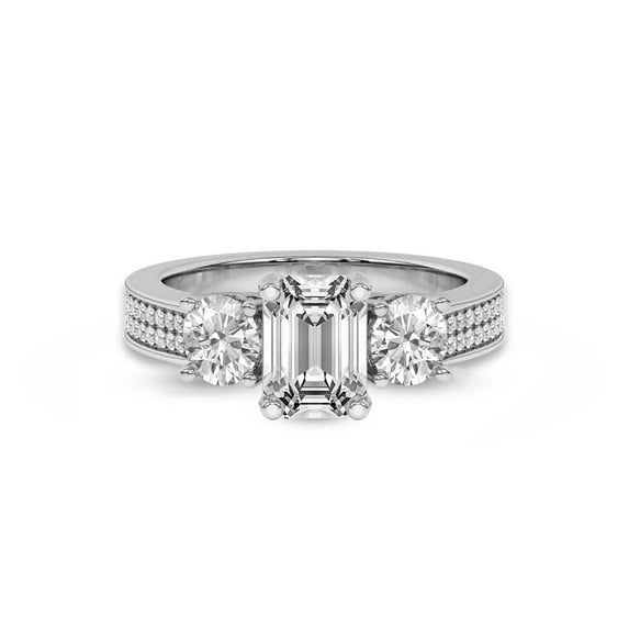 Lab Grown Diamond Engagement Ring For Women | 3 Carat IGI Certified Emerald Shape FG-VS Center Diamond | 14K Yellow Gold | Desdemona Round Three Stone Ring Friendly Diamonds