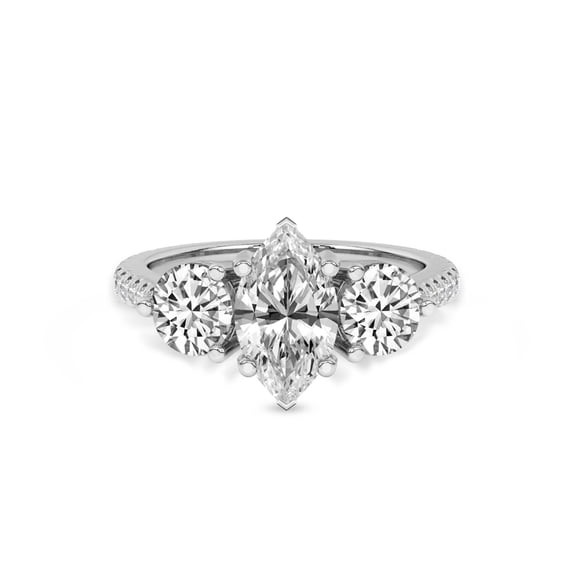 Lab Grown Diamond Engagement Ring For Women | 3 Carat IGI Certified Marquise Shape FG-VS Center Diamond | 14K Rose Gold | Artemis Round Three Stone Ring Friendly Diamonds