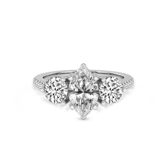 Lab Grown Diamond Engagement Ring For Women | 3 Carat IGI Certified Marquise Shape FG-VS Center Diamond | 14K White Gold | Artemis Round Three Stone Ring Friendly Diamonds