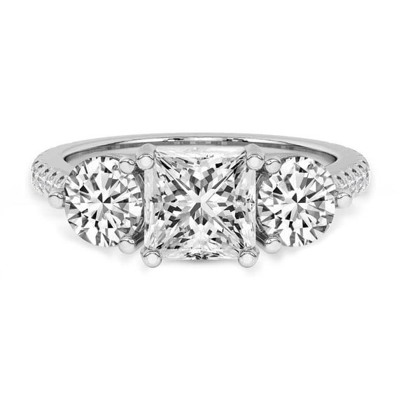 Lab Grown Diamond Engagement Ring For Women | 3 Carat IGI Certified Princess Shape FG-VS Center Diamond | 14K Yellow Gold | Artemis Round Three Stone Ring Friendly Diamonds