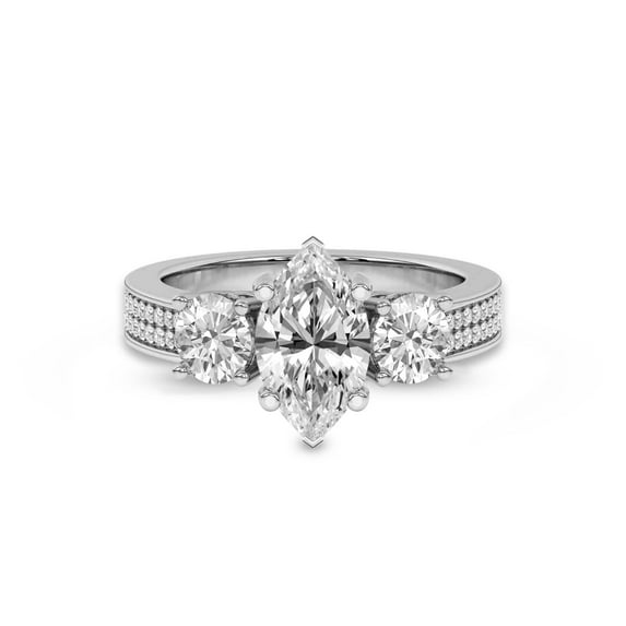 Lab Grown Diamond Engagement Ring For Women | 4 Carat IGI Certified Marquise Shape FG-VS Center Diamond | 14K Yellow Gold | Desdemona Round Three Stone Ring Friendly Diamonds