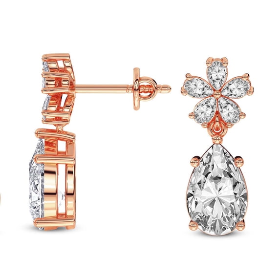 Lab Grown Diamond Fashion Earrings | 1 Carat IGI Certified Pear Shape | Iris Bloom Flower Fashion Lab Diamond Dangle Earrings | 14K Rose Gold FG-VS Quality
