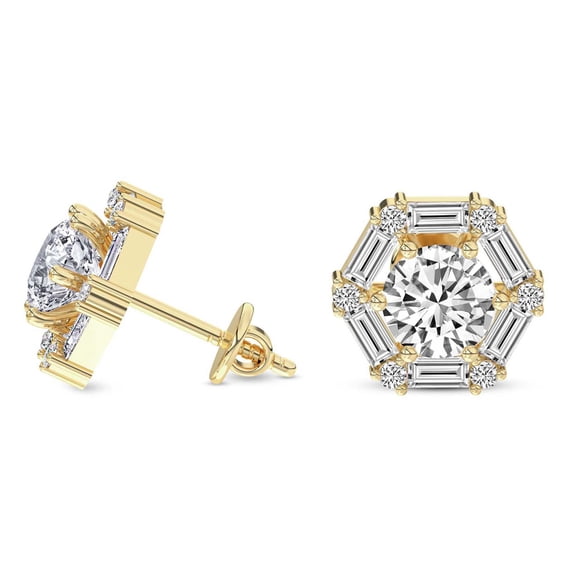 Lab Grown Diamond Fashion Earrings | 2 Carat IGI Certified Baguette & Round Shape | Rafflesia Flower Fashion Lab Diamond Stud Earrings | 14K Yellow Gold FG-VS Quality