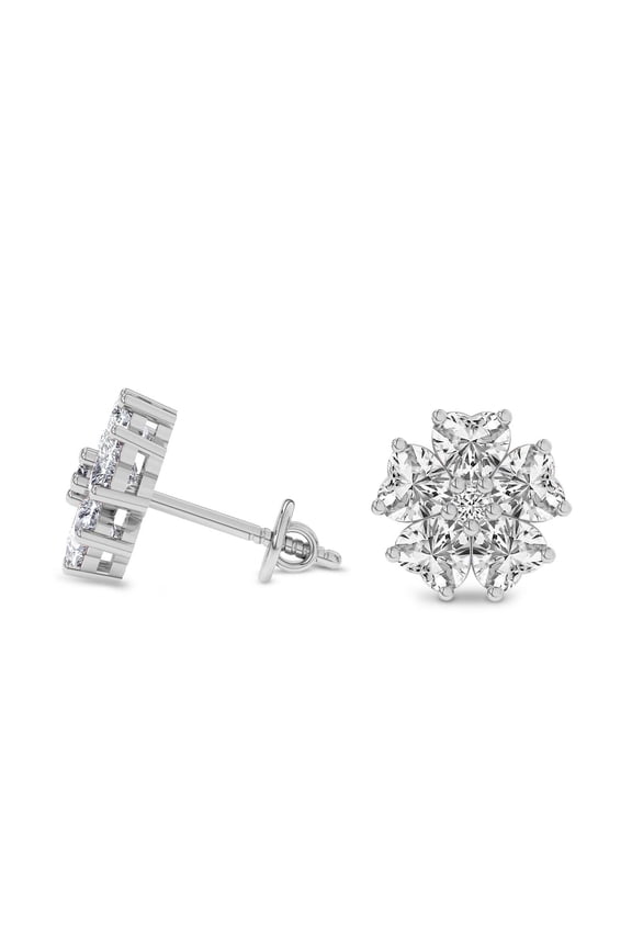 Lab Grown Diamond Fashion Earrings | 2 Carat IGI Certified Heart Shape | Thalia Bloom Fashion Flower Lab Diamond Stud Earrings | 14K White Gold&nbsp; FG-VS Quality