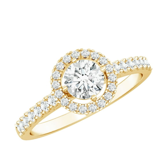Rosec Jewels Lab Grown Diamond Halo Engagement Ring with Side Stones - EF-VS Quality, 14K Yellow Gold, US 12.00