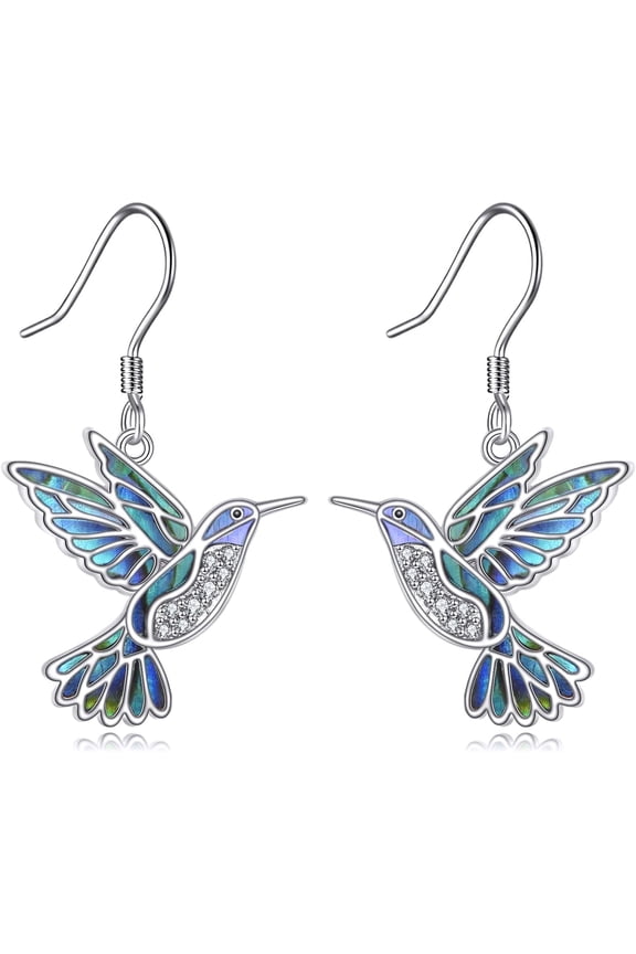 Lab Grown Diamond Hummingbird Dangle Earrings Sterling Silver Abalone Shell Hummingbird Jewelry Gift for Women