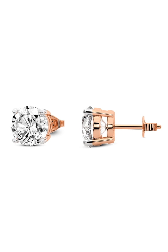 Lab Grown Diamond Stud Earrings 1 Carat– IGI Certified Round Cut, FG-VS Quality, 10K Rose Gold Stud Earrings for Women