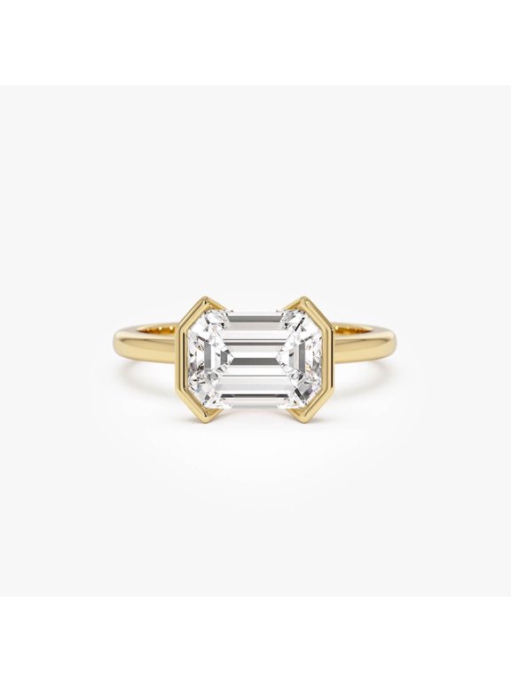 Lab Grown Emerald Cut Diamond Wedding Ring Bypass 14k Yellow Gold Plated