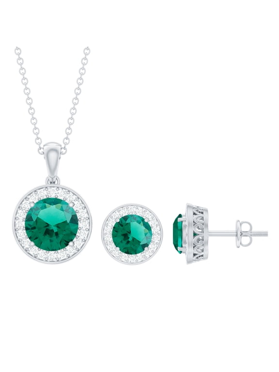 Lab Grown Emerald Earrings and Pendant Set with Chain - Silver Emerald Jewelry Set for Women - AAAA Quality - Ready to Gift