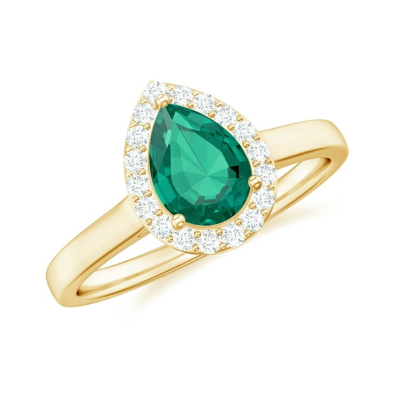 Rosec Jewels Lab Grown Emerald Teardrop Engagement Ring with Halo - Pear Shape Emerald Diamond Ring - AAAA Quality Certified, 14K Yellow Gold, US 3.50