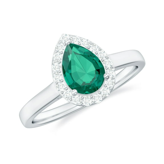 Rosec Jewels Lab Grown Emerald Teardrop Engagement Ring with Halo - Pear Shape Emerald Diamond Ring - AAAA Quality Certified, 18K White Gold, US 13.00