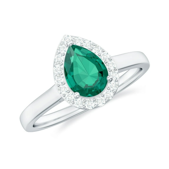 Rosec Jewels Lab Grown Emerald Teardrop Engagement Ring with Halo - Pear Shape Emerald Diamond Ring - AAAA Quality Certified, 18K White Gold, US 5.00
