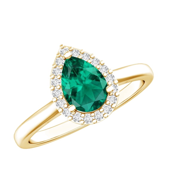 Rosec Jewels Lab Grown Emerald Teardrop Engagement Ring with Halo - Pear Shape Emerald Diamond Ring - AAAA Quality Certified, 18K Yellow Gold, US 7.50