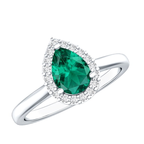 Rosec Jewels Lab Grown Emerald Teardrop Engagement Ring with Halo - Pear Shape Emerald Diamond Ring - AAAA Quality Certified, 925 Sterling Silver, US 11.50
