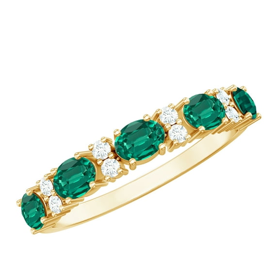 Rosec Jewels Lab Grown Emerald Half Eternity Ring with Diamond, Anniversary Band Ring - AAAA Quality, 18K Yellow Gold, US 6.50