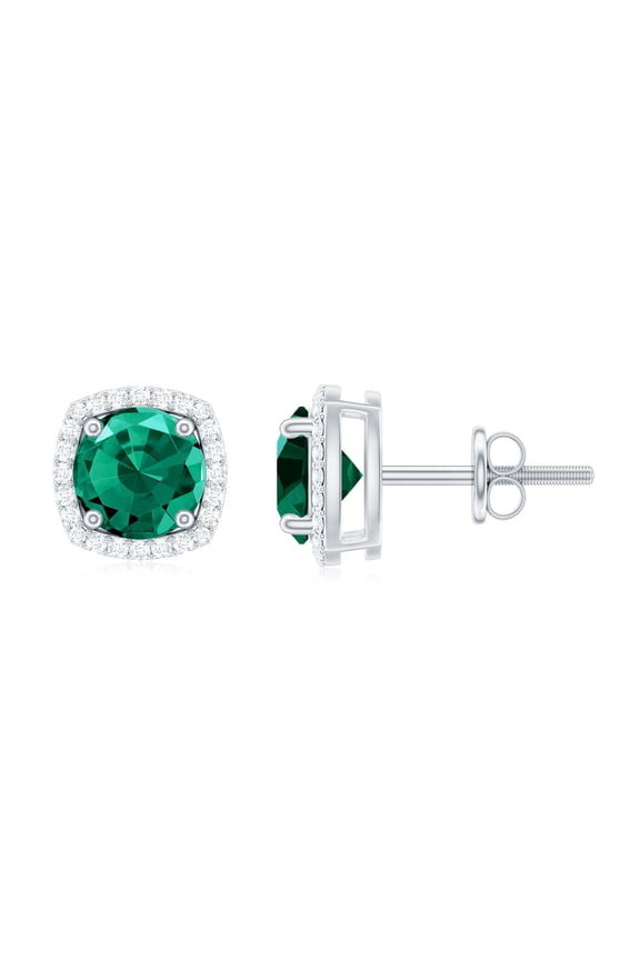 Lab Grown Emerald Earrings with Moissanite - Emerald Halo Stud Earrings in Silver - 6 mm - AAAA Quality - Gift for Women