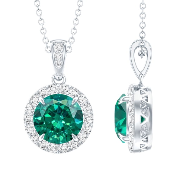 Rosec Jewels Lab Grown Emerald Pendant Necklace with Halo (2 Carat Emerald, AAAA Grade) - Emerald Diamond Necklace for Women, 18K White Gold
